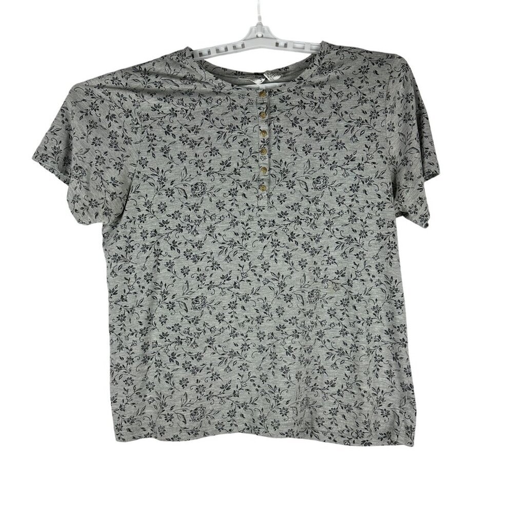 Fashion Bug Floral Print Button-Front Top Size 18/20W Gray & Black Short Sleeve